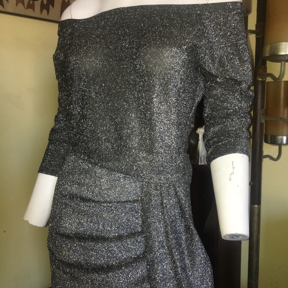 Vintage ladies silver glitter sparkle glamour prom evening party dress gown - Picture 3 of 6